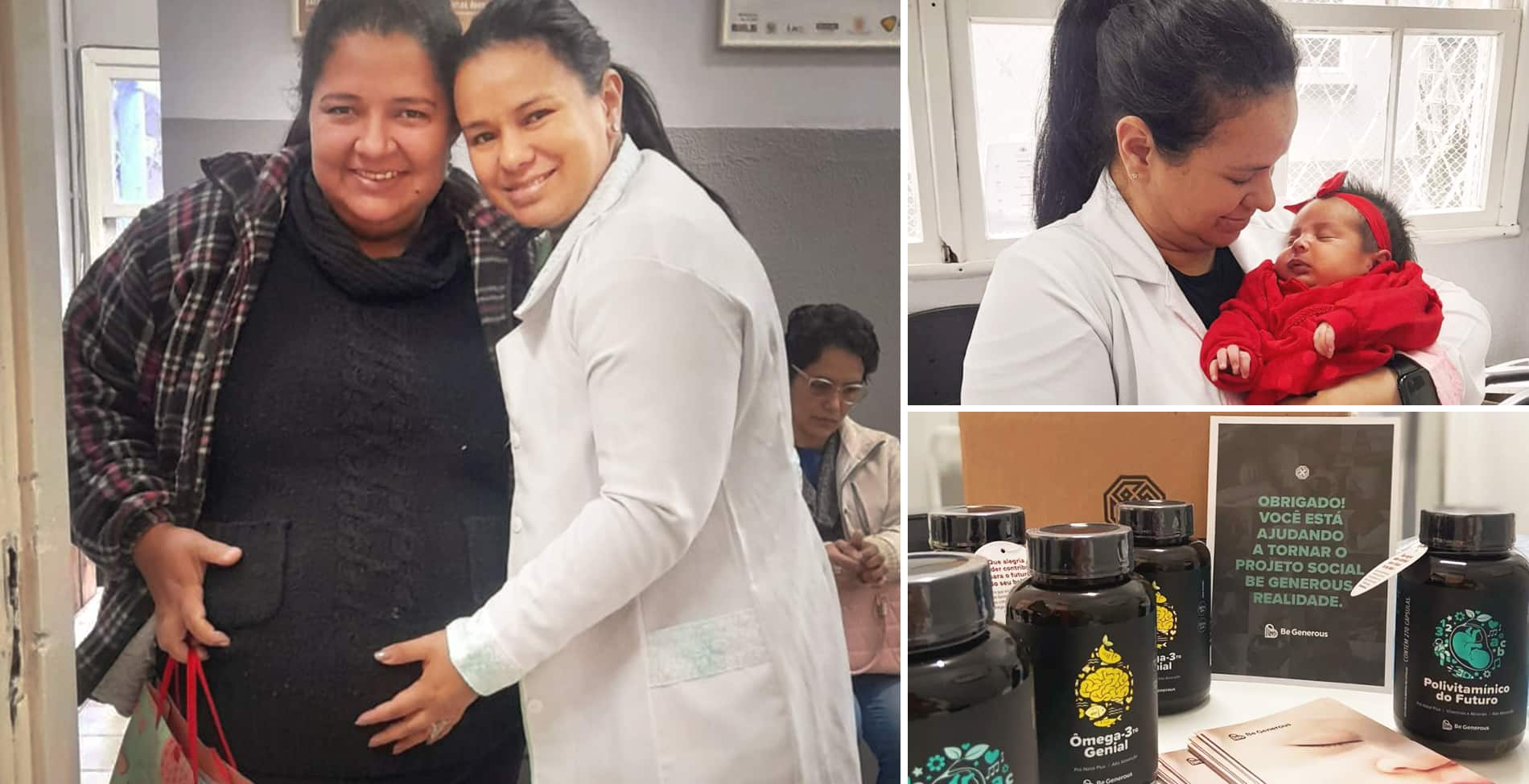 Galeria com três imagens diferentes, sendo a primeira da nutricionista Daiane com uma gestante atendida pelo projeto Be Generous em Uruguaiana; a segunda a Daiane com um bebê Be Generous no colo; e a terceira dos suplementos Be Generous recebidos.